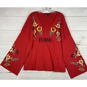INC Concepts Sweater Womens 3X Red Floral Embroidered Top FEMME Bell Sleeve NWT